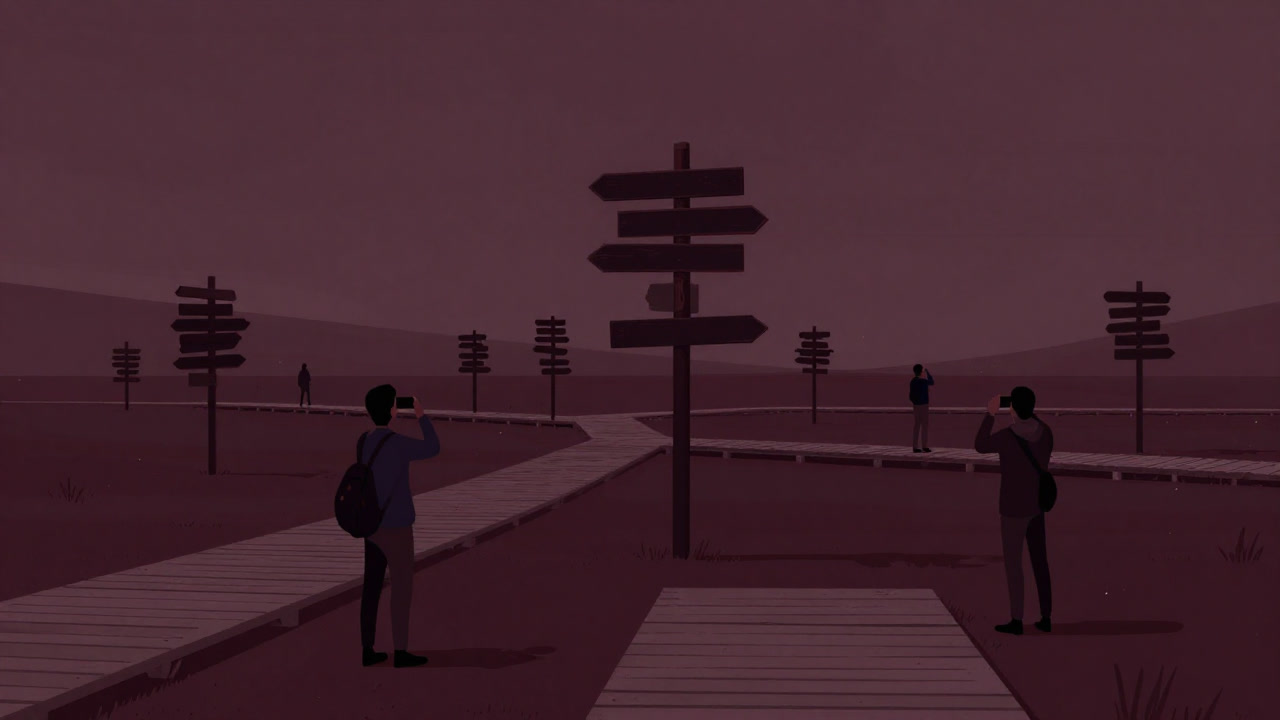 案内板と遊歩道に囲まれ、人工物が目立つ国立公園の風景