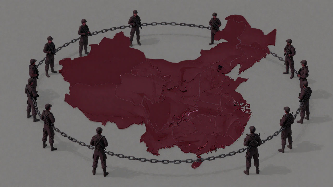 要塞のように鎖で囲まれた国家の地図上に警備員が立つイラスト