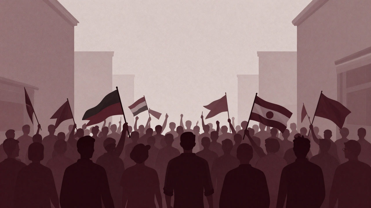 Illustration of a large crowd waving national flags, implicitly forming invisible borders in the background