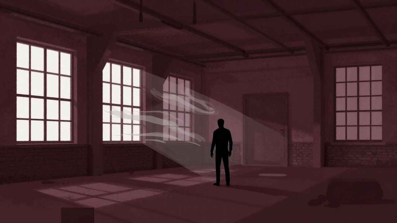 Silhouette of a trembling figure in a room of an old warehouse with open windows letting in cold drafts.