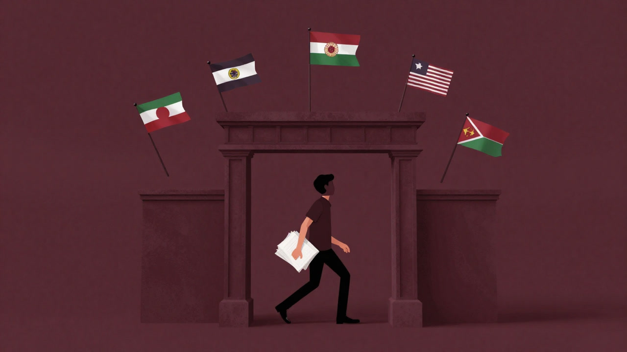 A humorous illustration of a person passing through a gate with floating national flags overhead