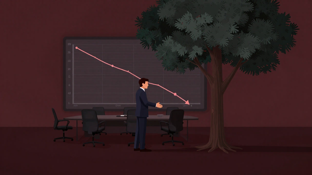 A business-suited person shaking hands with a tree, with a sales chart showing a decline in the office background.
