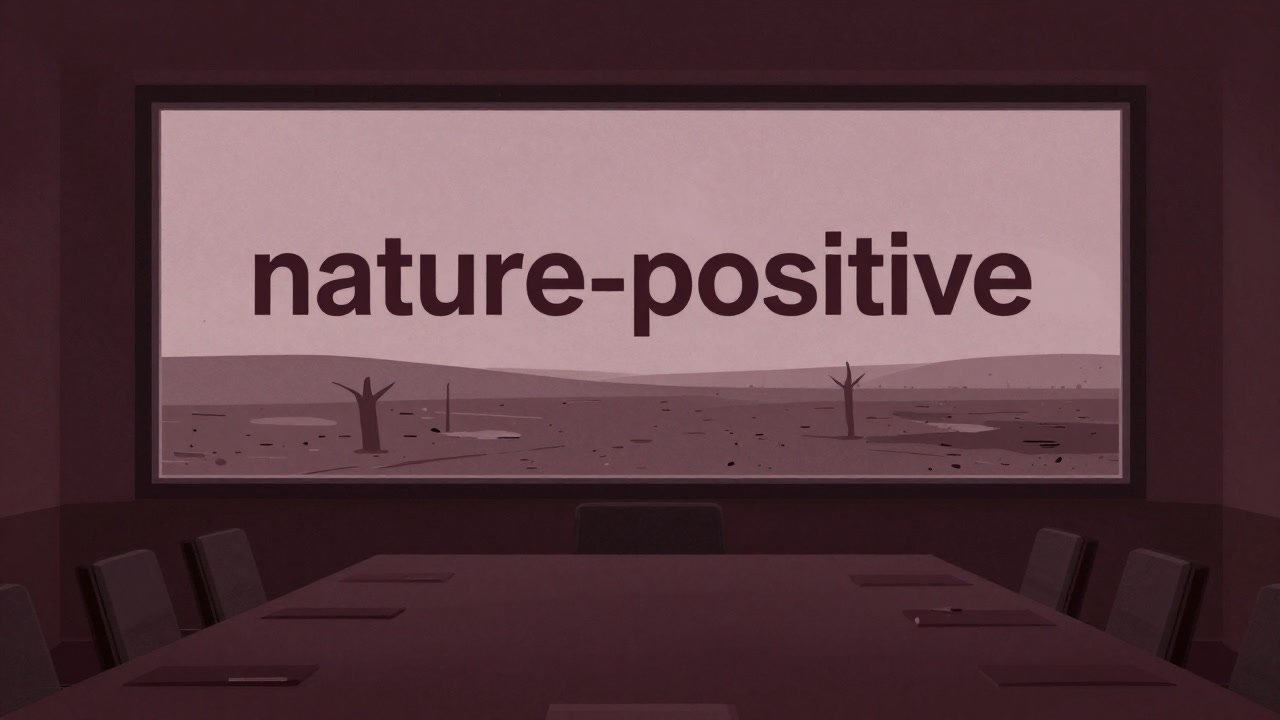 会議室の大スクリーンに『nature-positive』が映し出されるが、窓の外は荒れ果てた大地。