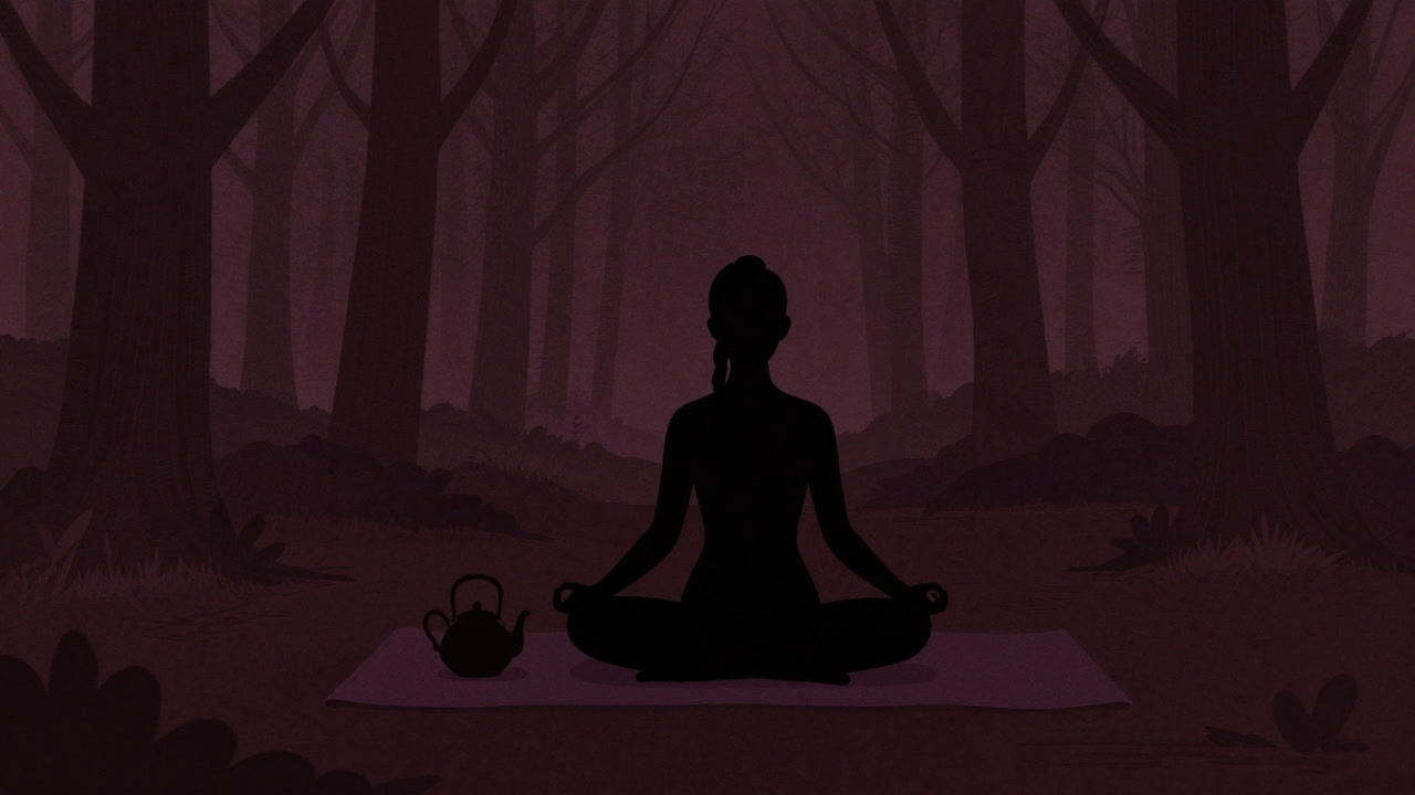 Silhouette of a person meditating on a yoga mat in the forest with a teapot placed beside them