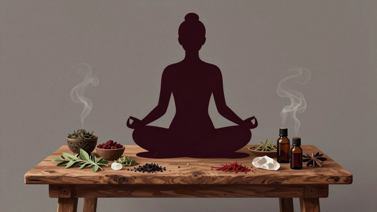 ハーブや水晶が並ぶテーブルの前で、瞑想ポーズをとる人物のシルエット