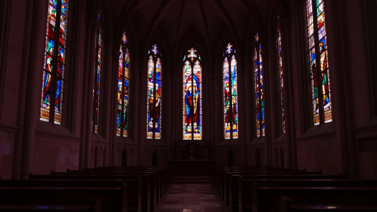 教会内を静かに貫く長大な通路に光が差し込む身廊の画像