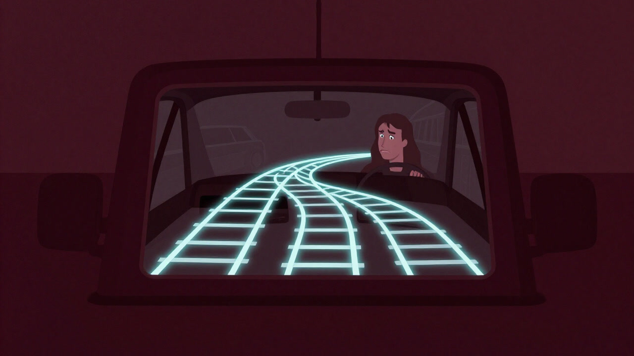 車窓の前で呆然とするドライバーを横目に、次々と曲がる光る線路のような道を表示するナビ画面