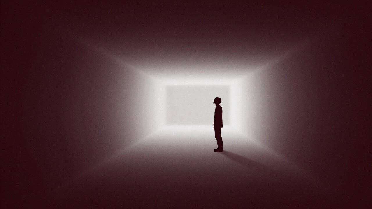 Silhouette of a person peering with astonishment at a long tunnel of white light