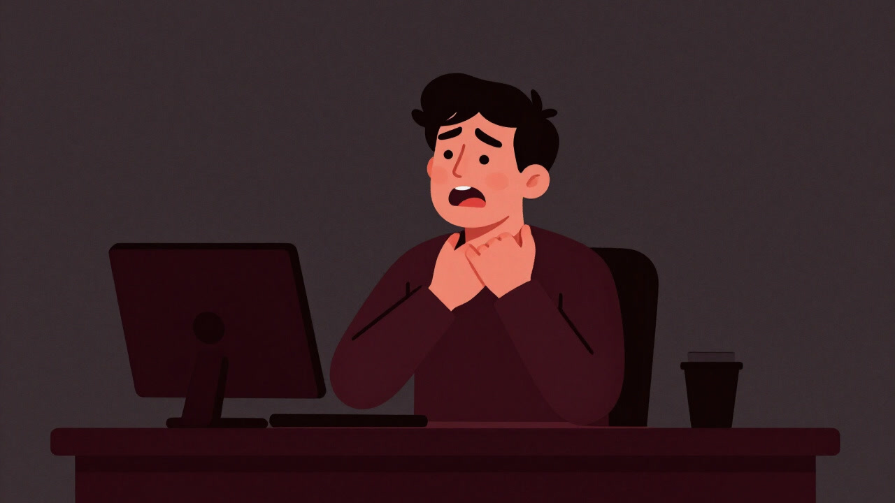 パソコン作業中に不機嫌そうに首を押さえる人のシルエット