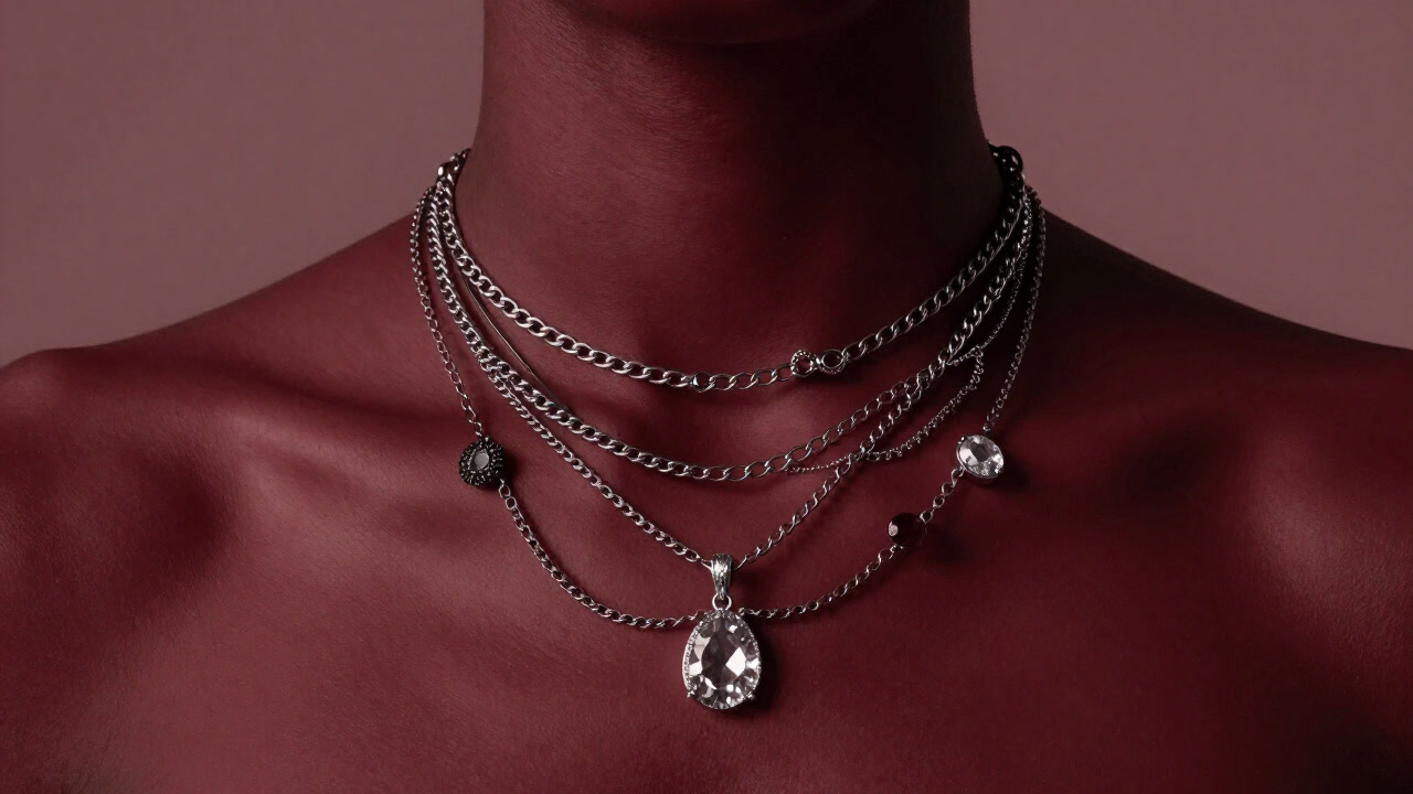 Photo of chains of adornment vying for attention around the neck
