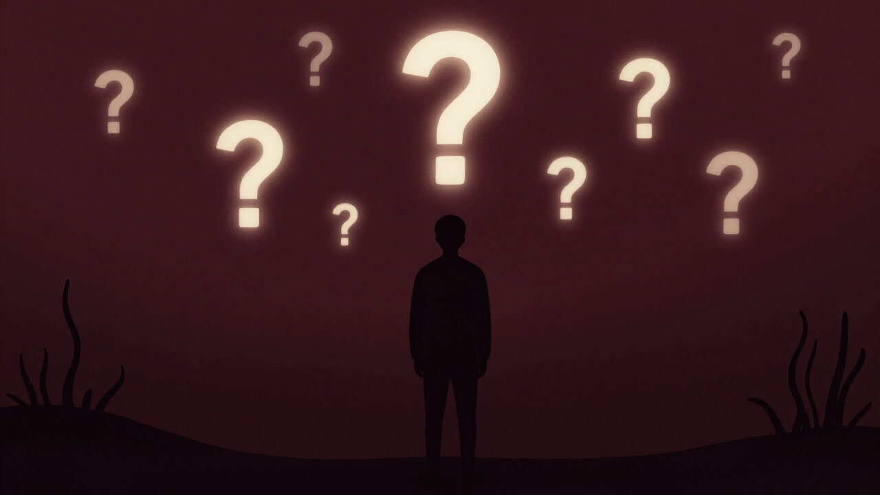 深い海の暗闇で無数の疑問符に囲まれながらも穏やかな表情の人物シルエット