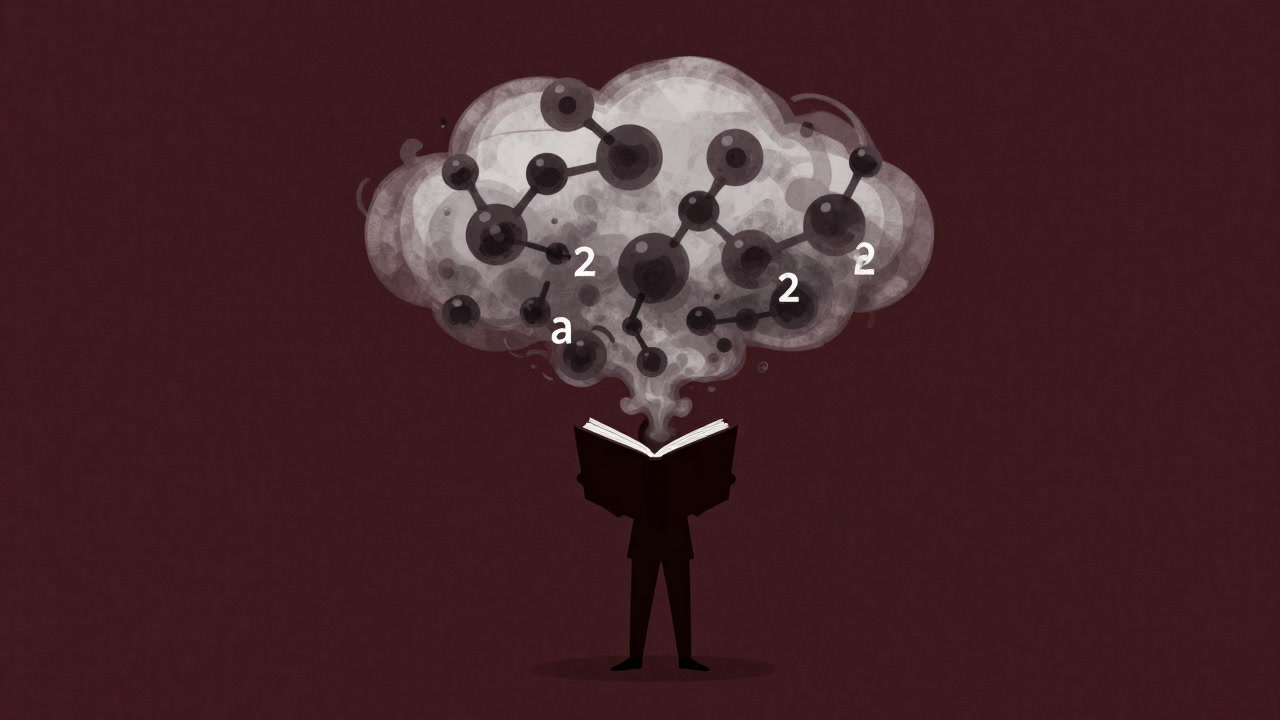 Silhouette of a figure holding a ledger in front of a swirling mass of carbon dioxide molecules