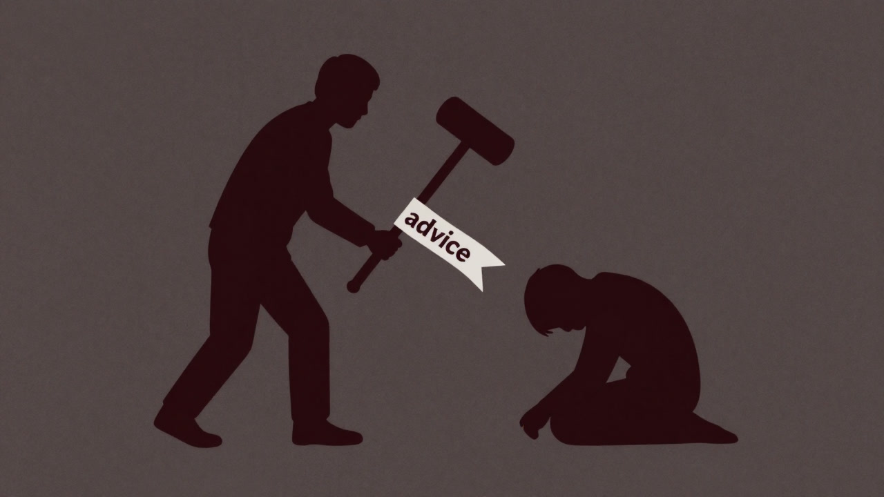 アドバイスのリボンを付けた棍棒を振りかざす人物のシルエットと、怯えるもう一人のシルエット。