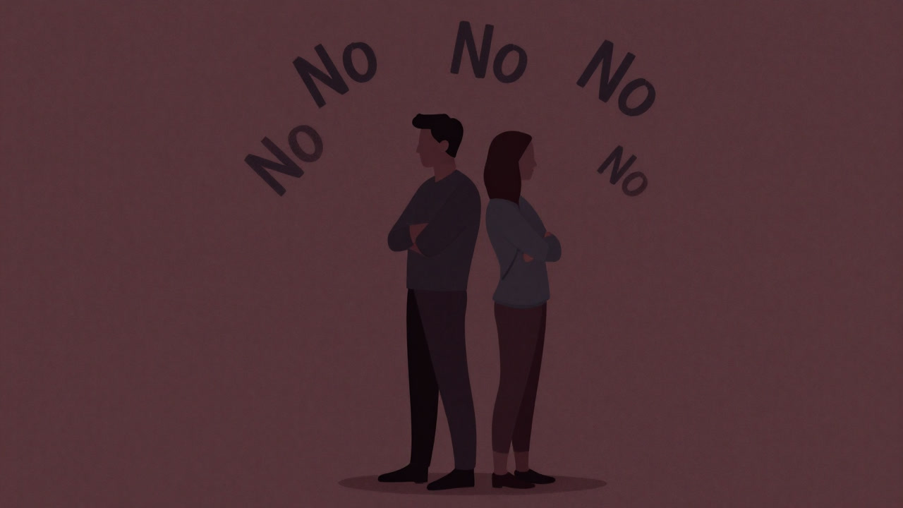 Silhouettes of two people back-to-back with arms crossed, surrounded by flying 'No' characters