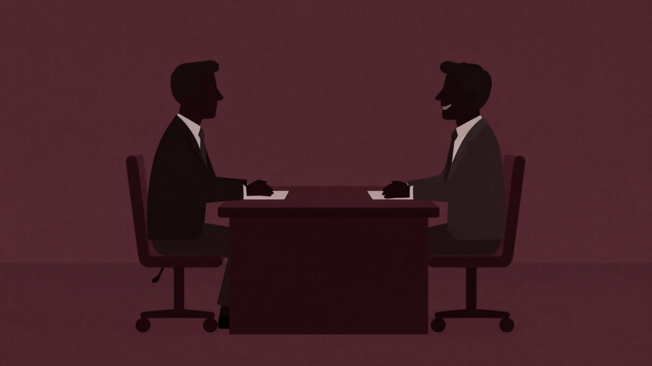 Silhouettes of a merchant and a CEO smiling silently across a negotiation table.