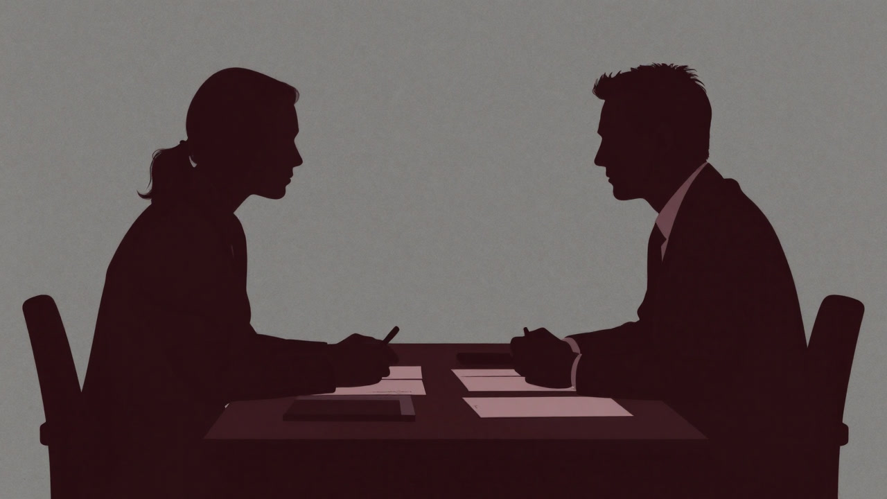 Silhouette of two businesspeople glaring at each other across a complex contract