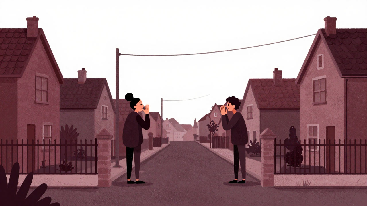 People whispering over fences in a residential neighborhood.