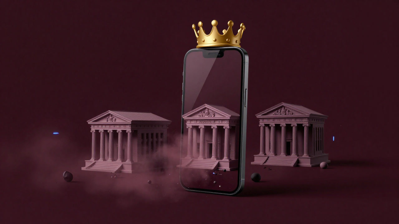 Illustration of a smartphone-shaped neobank wearing a crown, with traditional bank buildings dissolving into digital mist in the background.