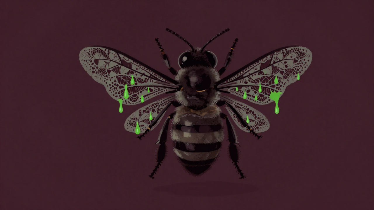 A dark illustration featuring a hollow-eyed bee against a background of lace-like wings dripping pesticide droplets.