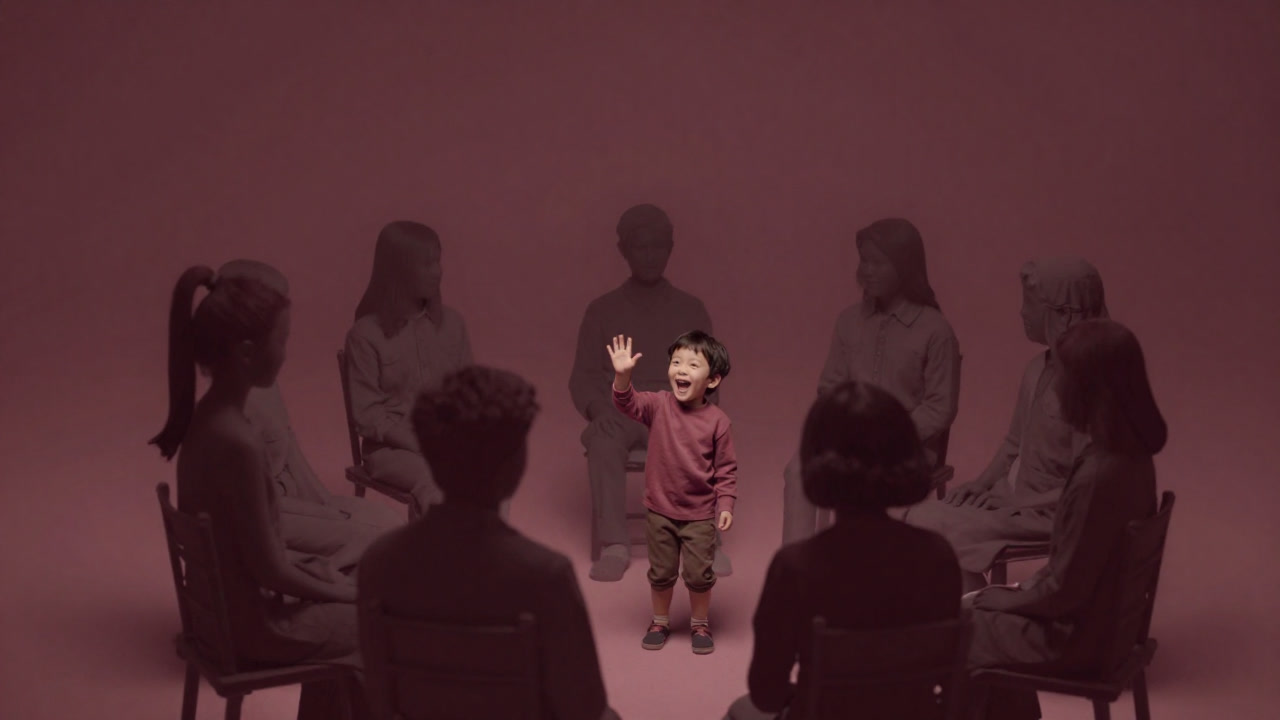 子供のように笑う甥が、家族の円陣の中心で無邪気に手を振る写真