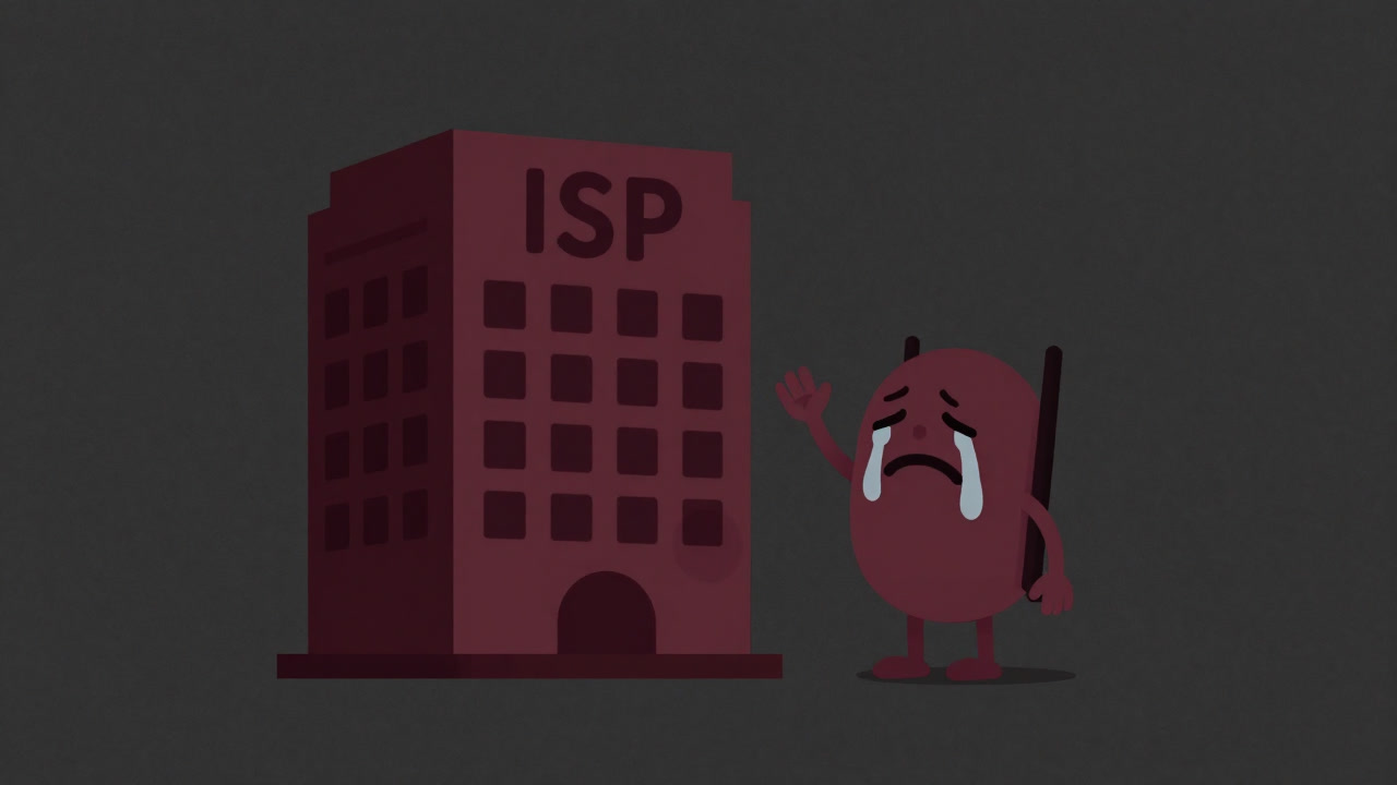 Illustration of a sad anthropomorphic router sitting in protest, crying and waving at a corporate building labeled ISP