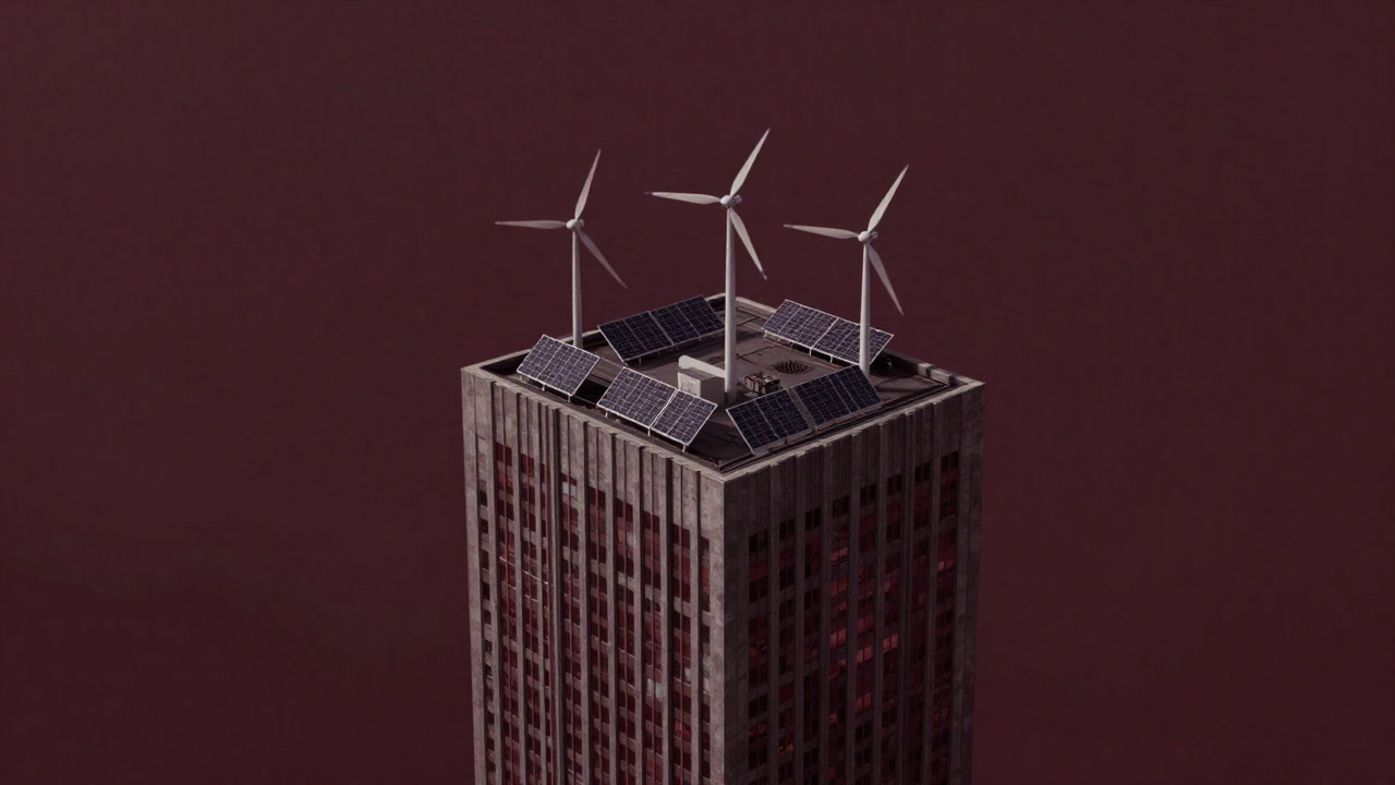 Illustration of a futuristic building topped with solar panels and wind turbines