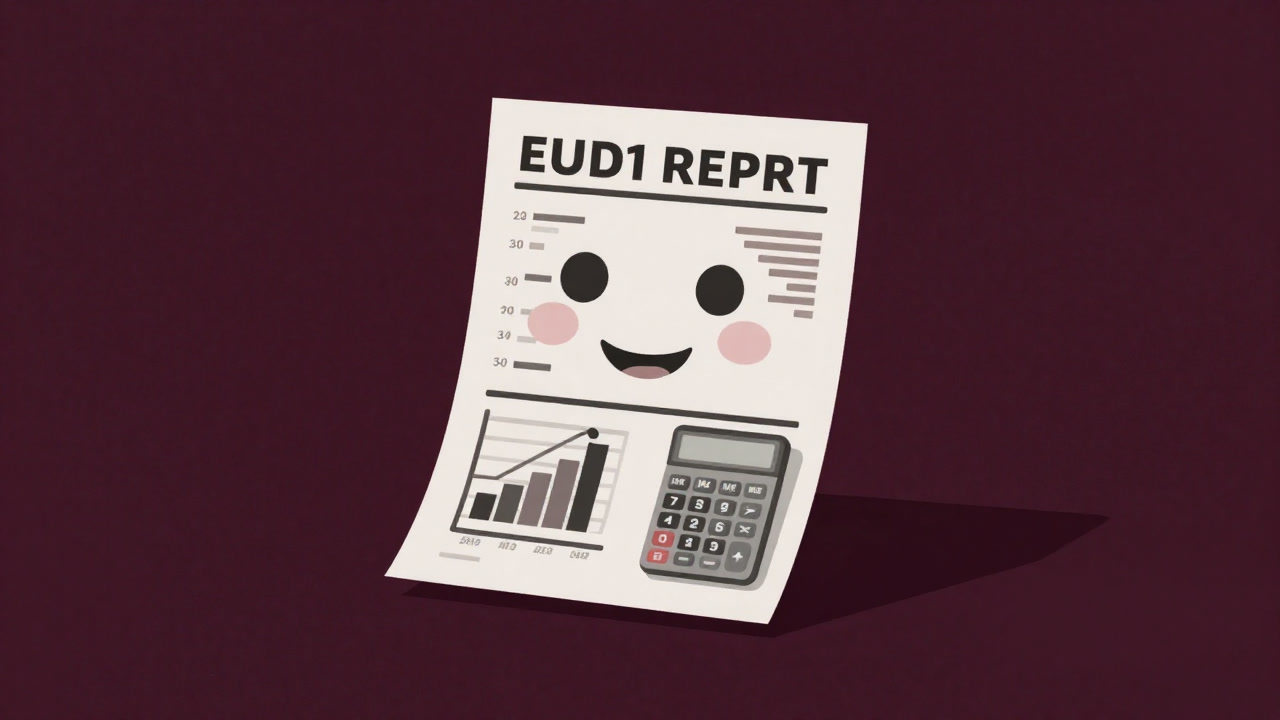 A half-cut image of a financial report smiling surrounded by charts and calculators.