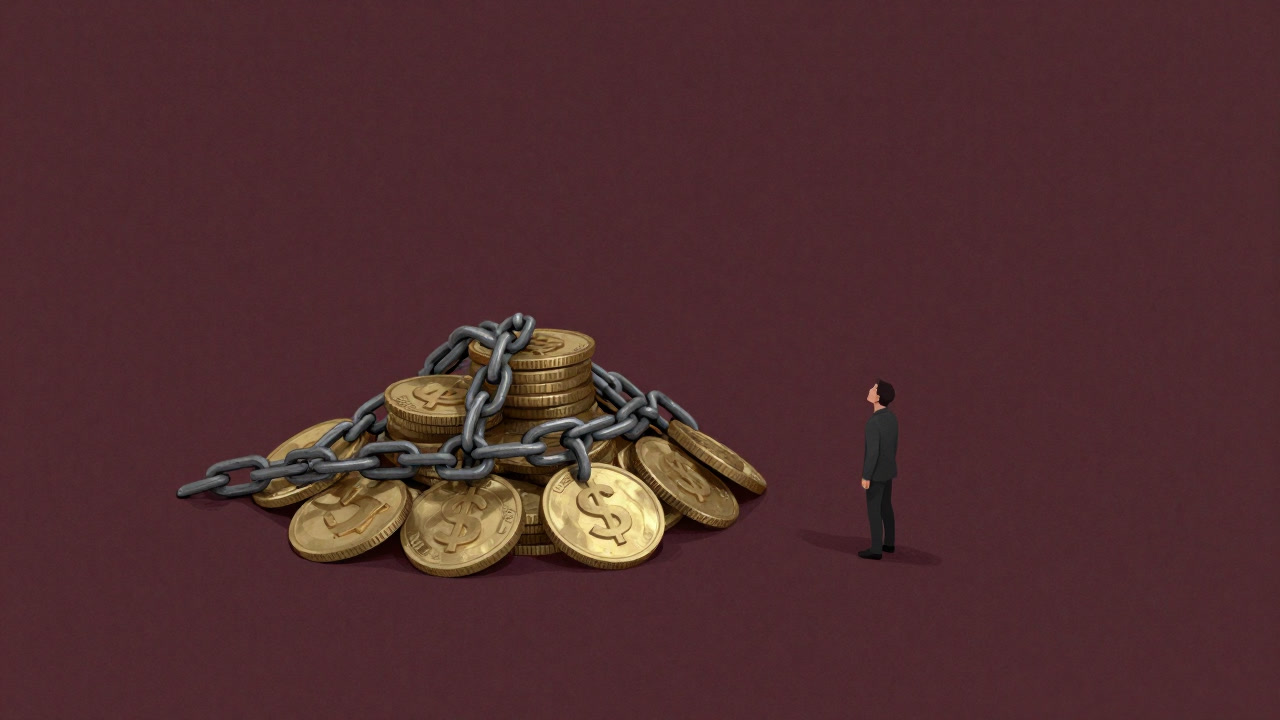Illustration of a pile of gold coins bound by heavy chains with a tiny human figure looking up at it