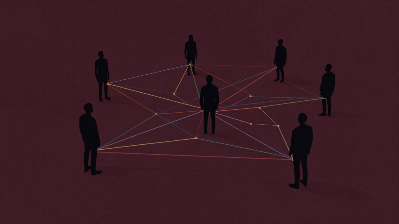 Conceptual image of colored lines woven like a spiderweb connecting people