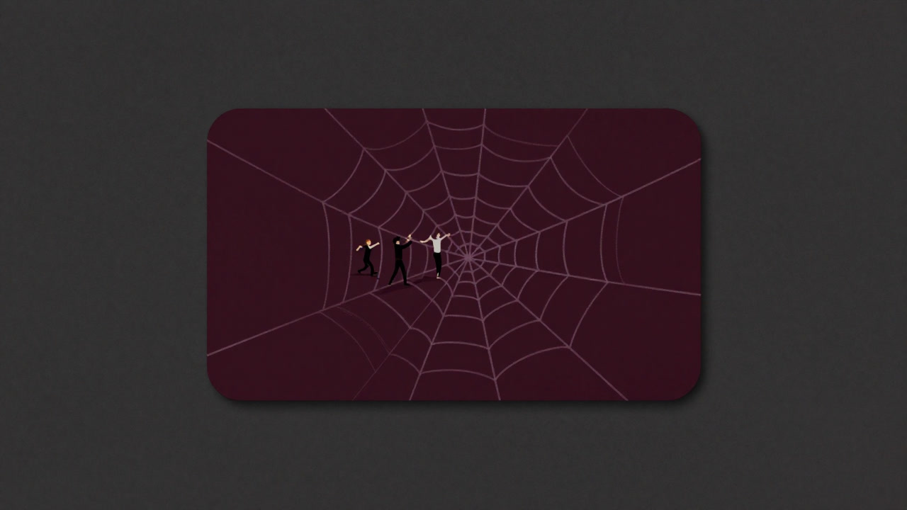 Illustration of business cards entangled like a spiderweb with people dancing at its center