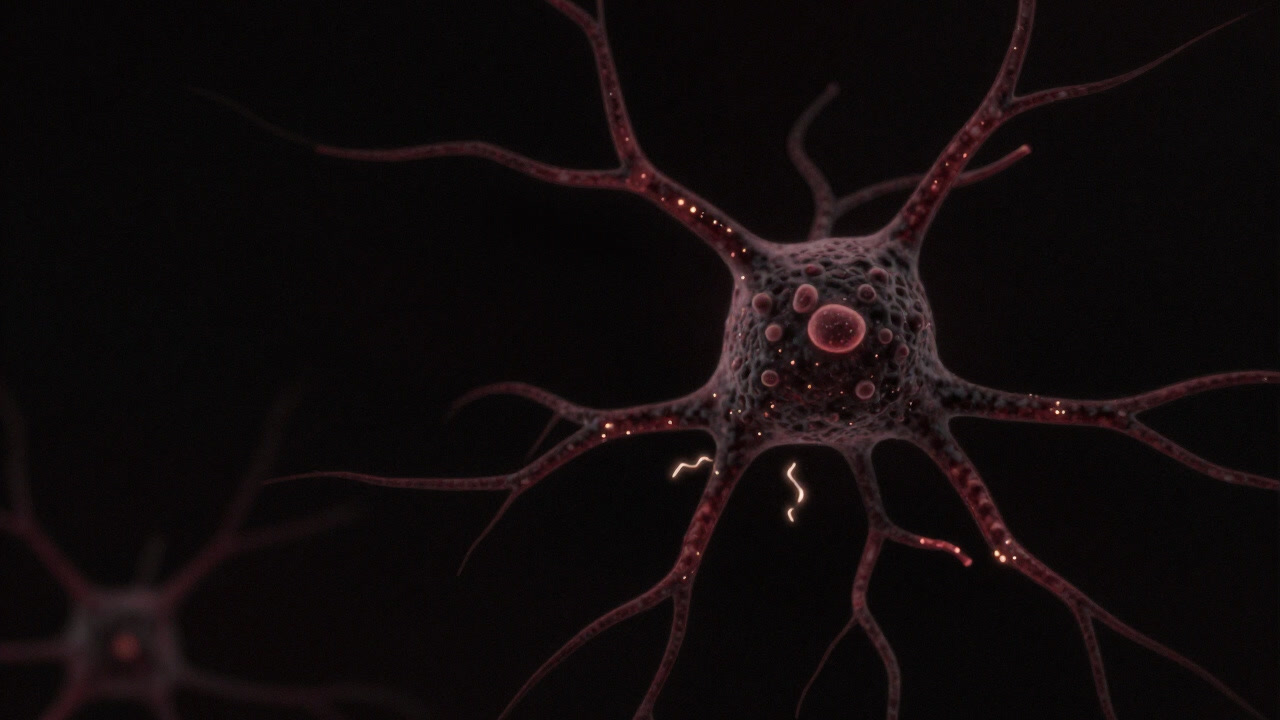 A neuron branching out like a tree in darkness, emitting sporadic electrical signals