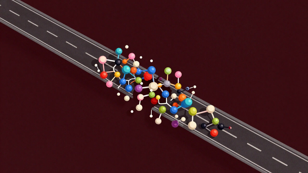 Colorful molecules zooming through the synaptic cleft, resembling a chaotic traffic jam