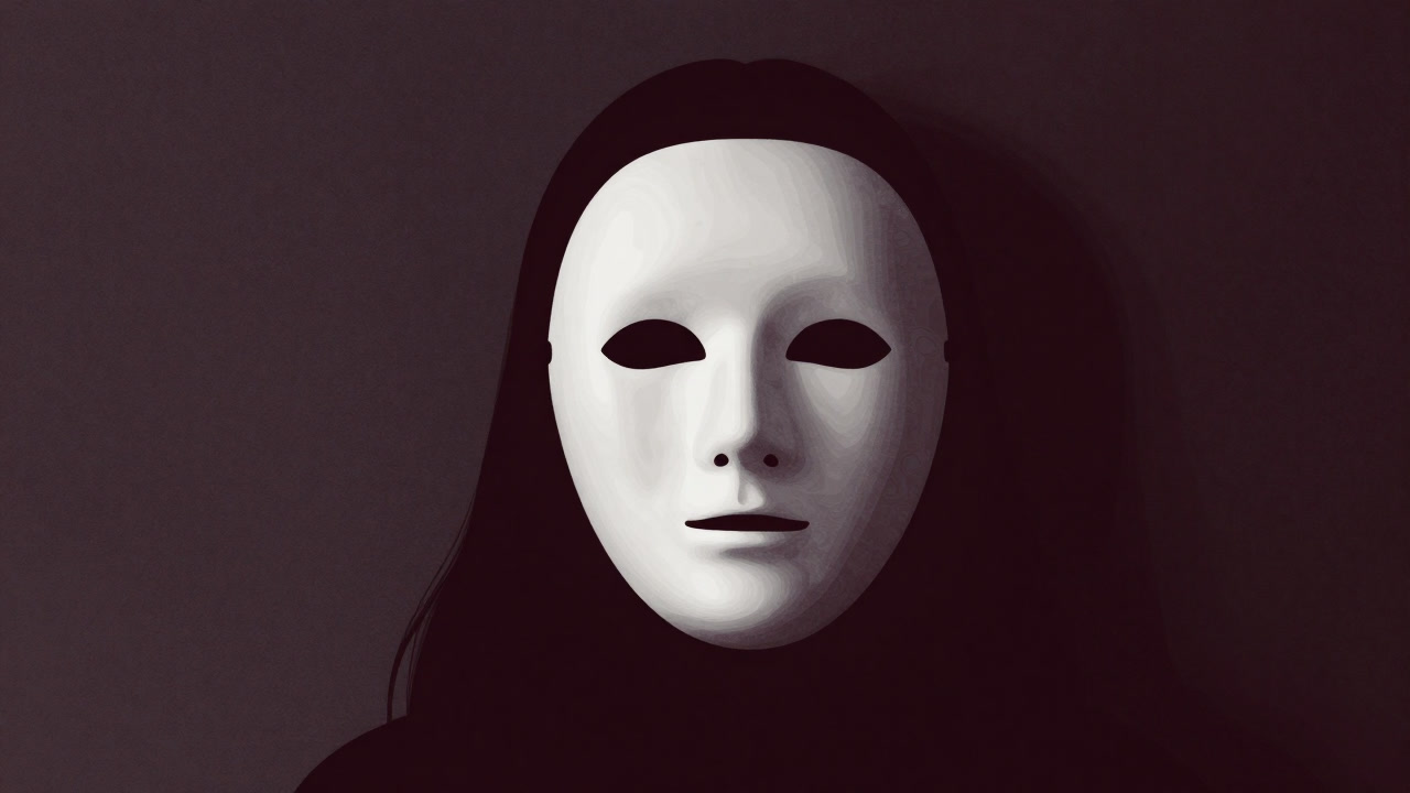 An illustration of a person smiling beneath a mask, hiding their true face in the shadows.