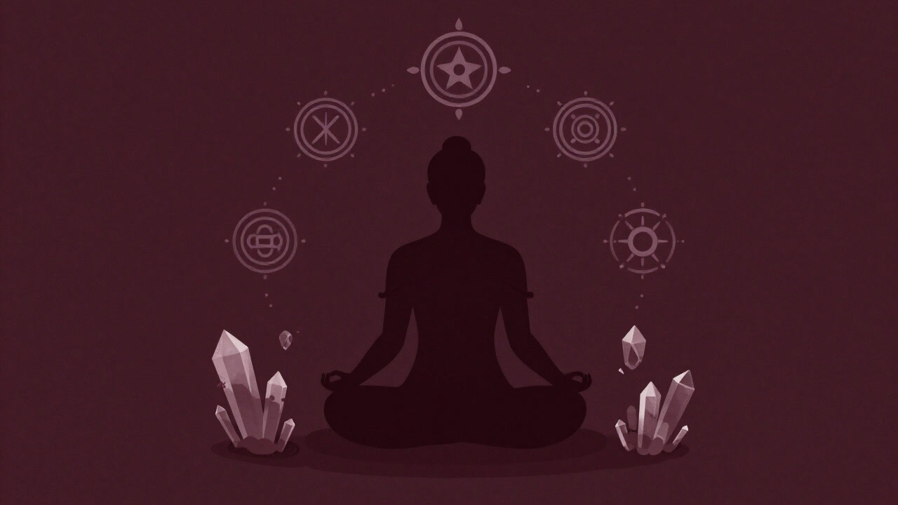クリスタルとチャクラを背景に神秘的に佇む人物のシルエット
