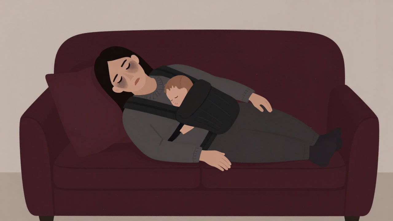 疲れ果てた新米親が、抱っこ紐で赤子を抱えながら呆然とした表情でソファに座る写真風イラスト