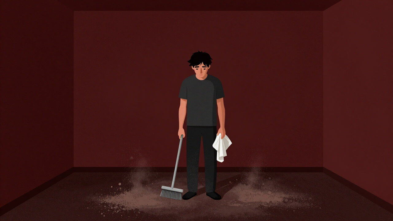 新年を前に埃にまみれた部屋で、ため息交じりに掃除用具を手にする人の背中の画像