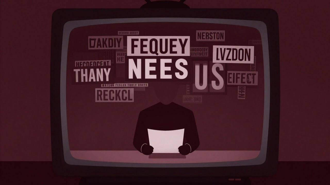 Illustration of an emotionless news anchor reading information in a dark studio, with ominous text floating in the background.