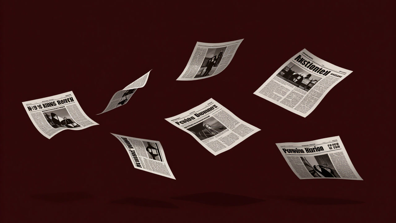An illustration of old newspaper pages swirling in the wind as headlines scatter through the air