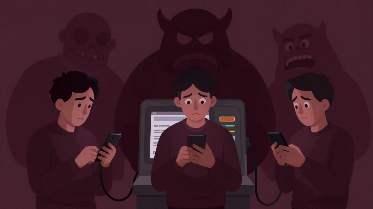 People holding smartphones over a payment reader, standing in confusion.