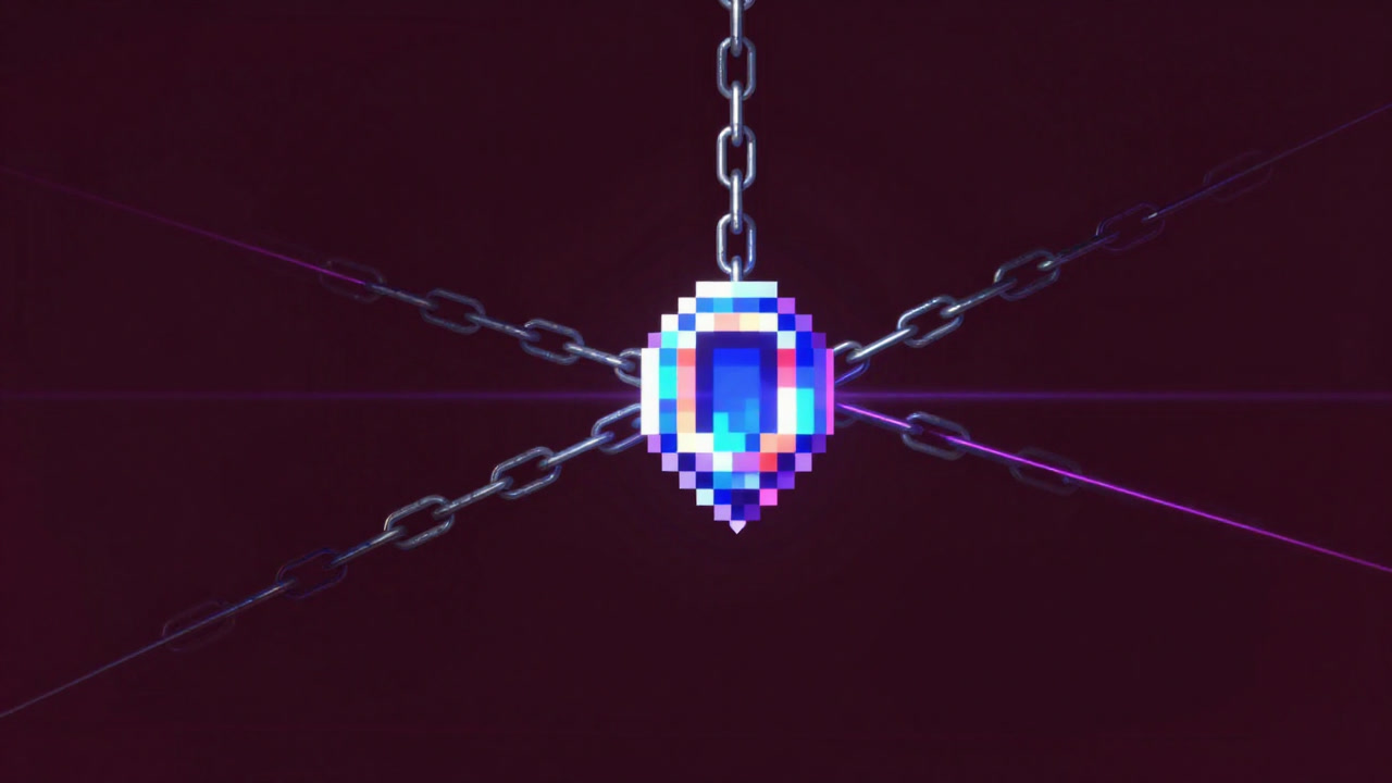 カラフルなピクセルアートが暗号化されたチェーンに繋がれ、眩いレーザー光線の下で輝く様子