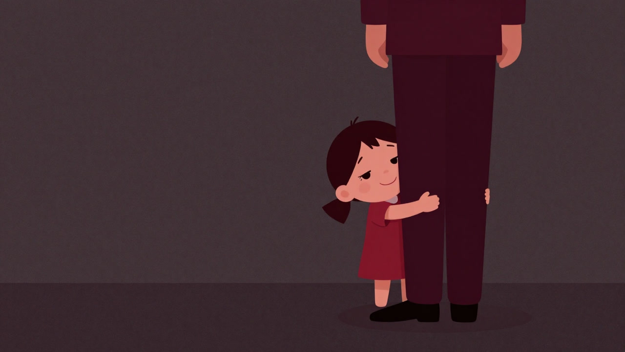 大人の足元に寄り添い、笑顔でおねだりする姪の姿