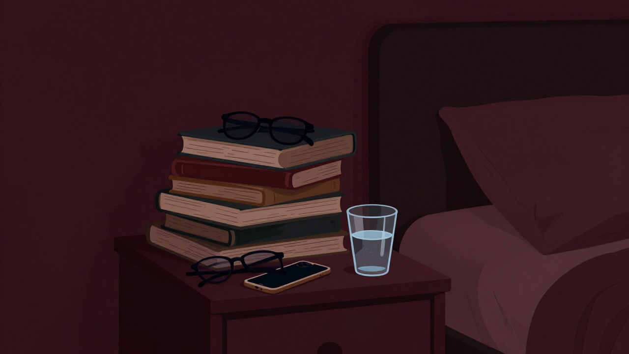 散らかった小物に埋もれ、無言で光るランプとコップに囲まれるナイトスタンドのイラスト