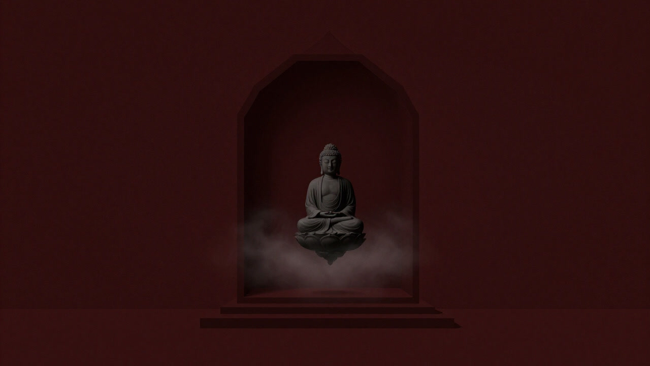 Empty Buddha statue floating in silent darkness symbolizing silence and eternity