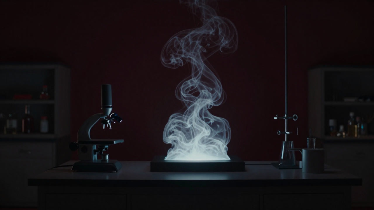 Pale blue gas swirling ominously in a dark laboratory at night