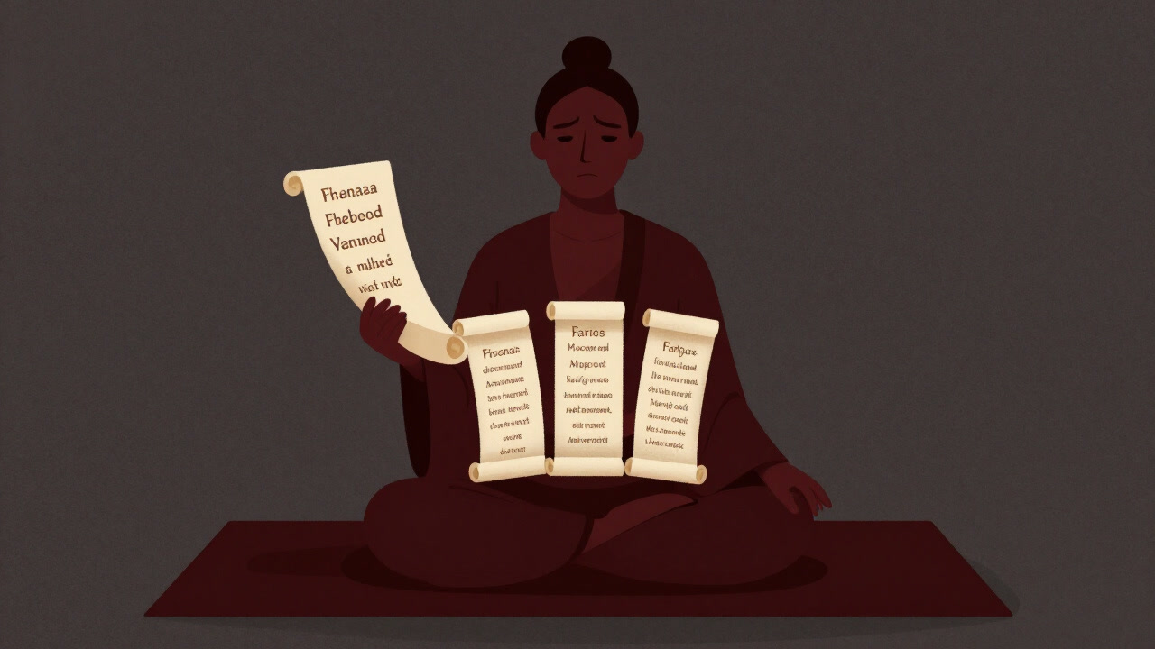 ヨガマットの上で五つの誓いを掲げ、困惑した表情の人のイラスト