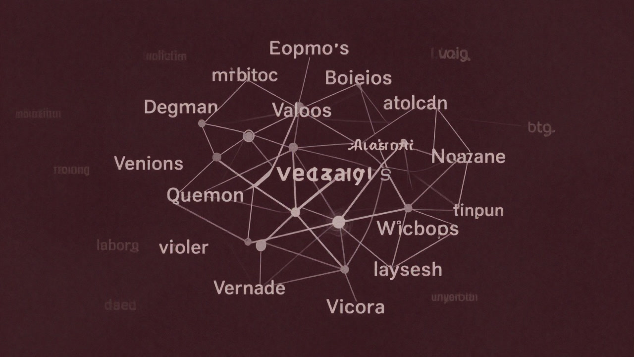 単語がベクトルとして浮かぶ暗い背景に、歯車と数式が絡み合うイラスト