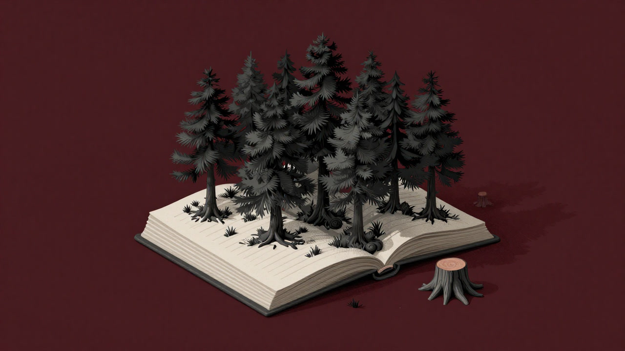 帳簿の上で苗木が咲き誇る様子と背後に切り株が散らばる風刺的なイラスト