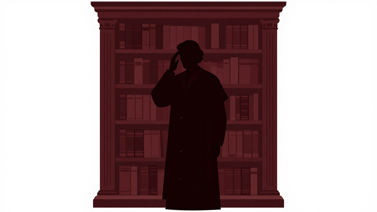 Silhouette of a thinker placing hand on brow, gazing into distance in front of an old bookshelf