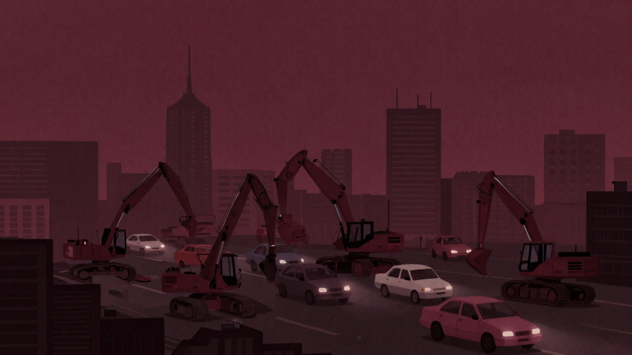 工事現場の重機とクラクションが渾然一体となり、都市の空気を振動させる様子