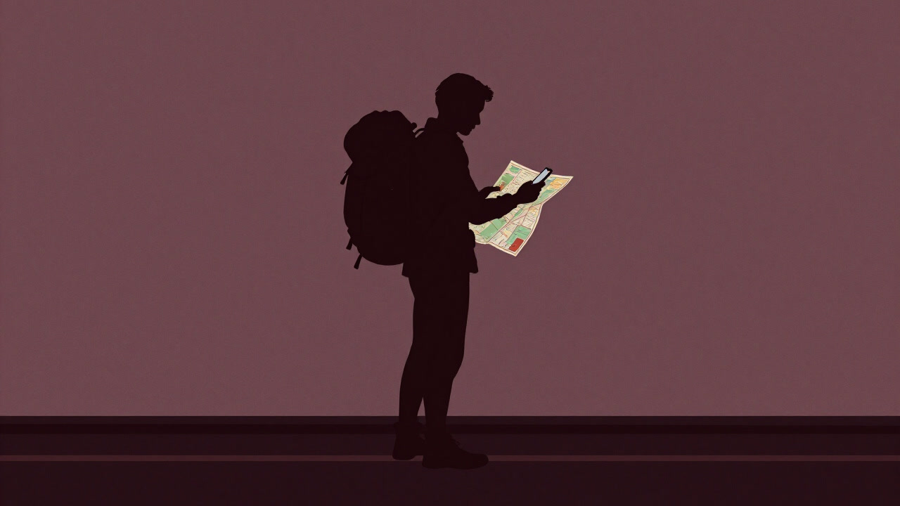 Silhouette of a backpacked traveler standing on a street holding a map and a smartphone